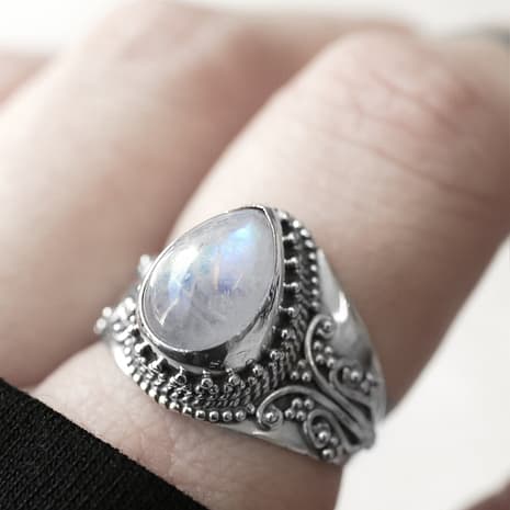 Nakti silver moonstone crystal ring.