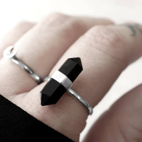 Hex onyx crystal stone ring in sterling silver.