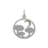 Close-up view of reverse side of recycled sterling silver necklace with intricate details and oxidised finish, the neckless is 3 mushrooms under a crescent moon, all enframed in a circle, all-white background