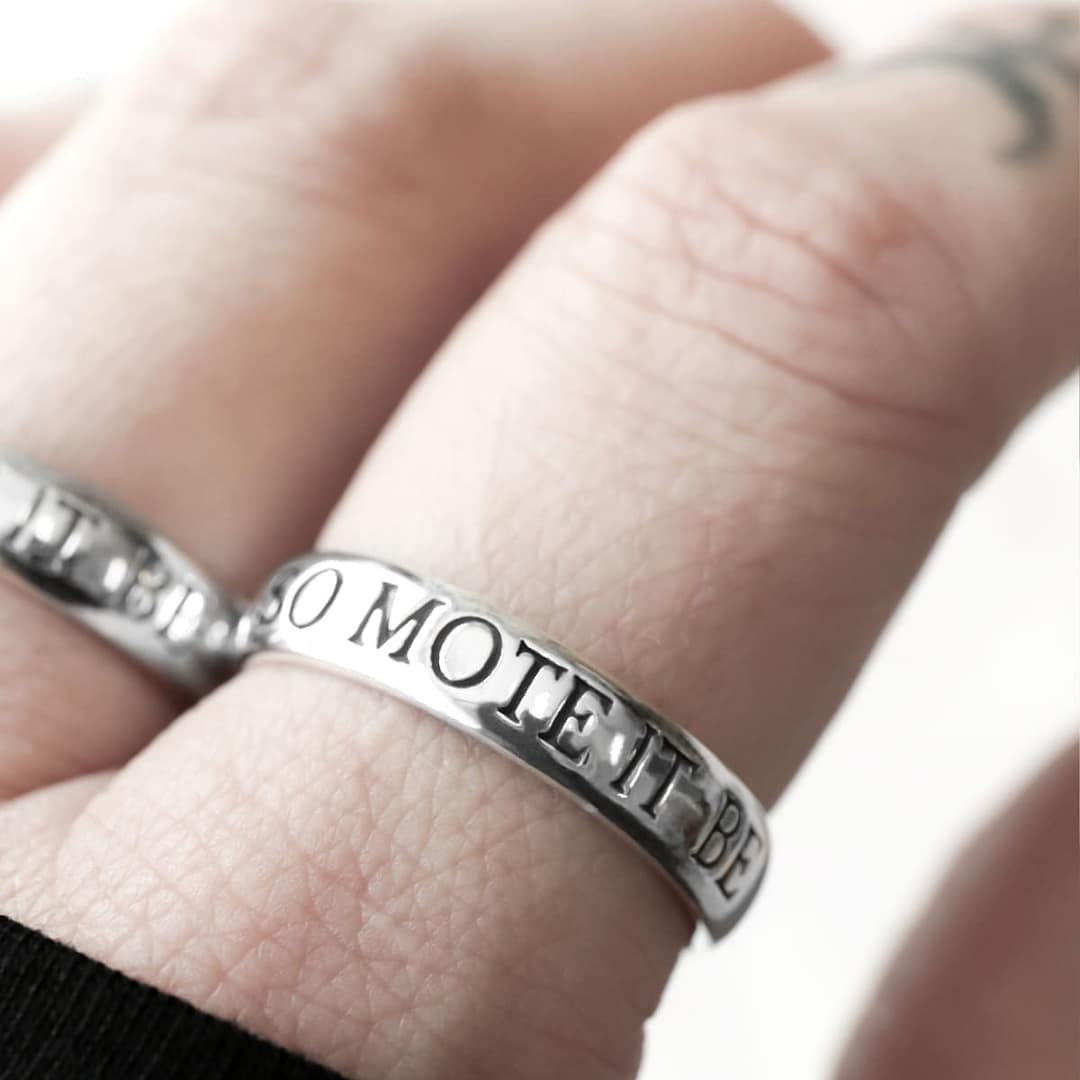 so-mote-it-be-silver-ring-closeup-hellaholics engraved ring with the text "so mote it be" in sterling silver.