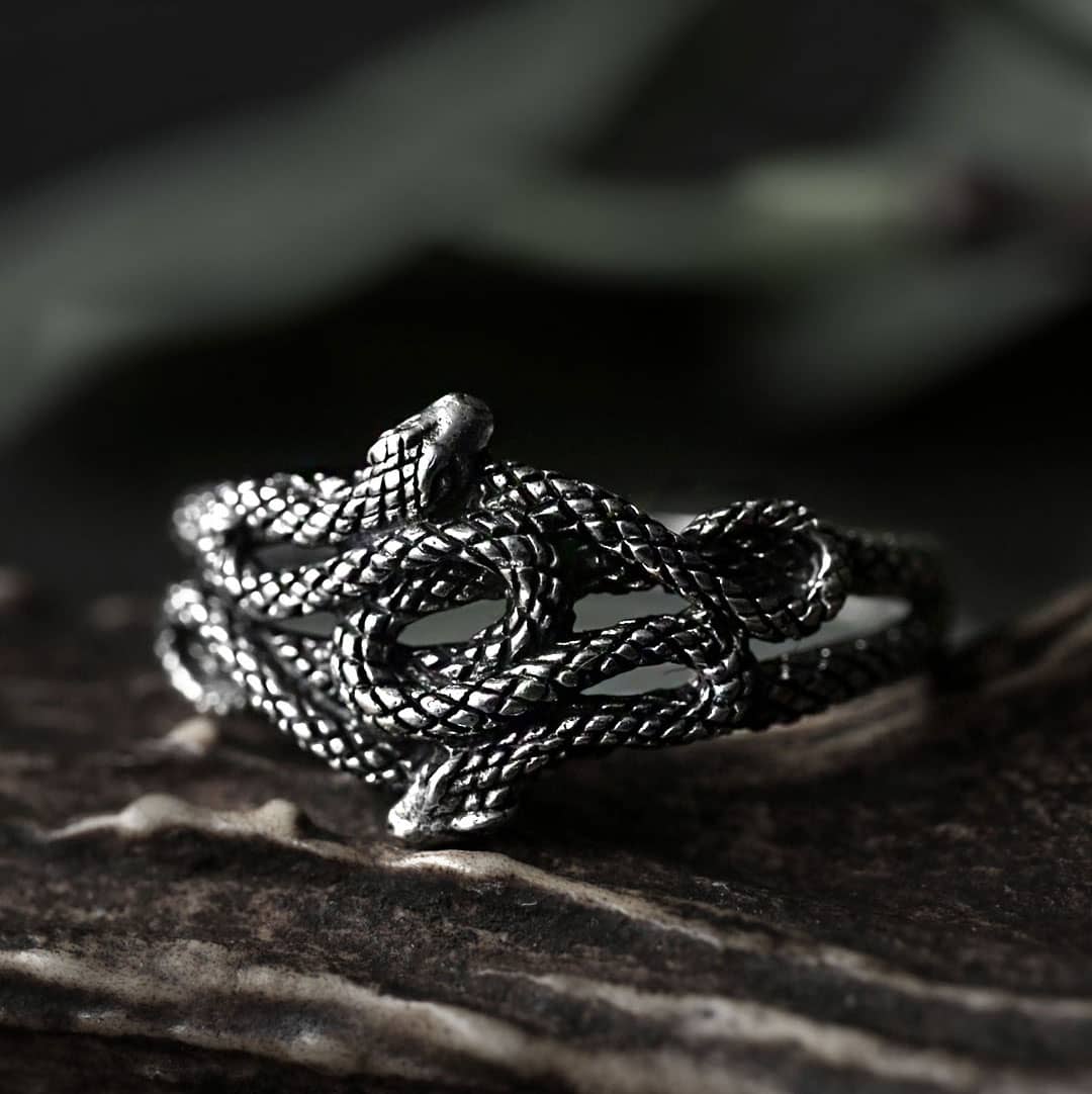 entwined duo snake ring in sterling silver on dark green background