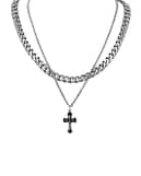 A cross pendant hanging in a thin chain in stainless steel combined with a large chunky chain on a white background