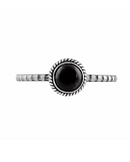 Round petite black Onyx Stacking Ring in lightweight sterling silver on white background front view