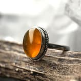 Large oval silver amber ring on wooden branch