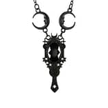 Pitch black necklace with an oval stone in the middle, surrounded by a frame with pagan symbols and crescent moons.