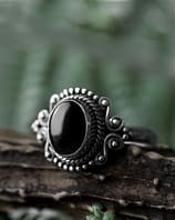 aditi black onyx ring on brown branch with green background