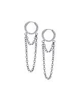 Hoop earrings with dangling chains in stainless steel on white background