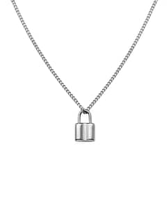 necklace with lock pendant in stainless steel on white background
