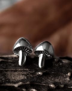 Recycled silver lightweigt mushroom earrings, butterfly back, dark autumn themed background
