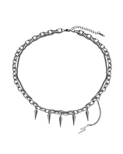Double chain necklace, 1 chunky chain with 5 spike pendants hanging combined with a thin chain on a white background.