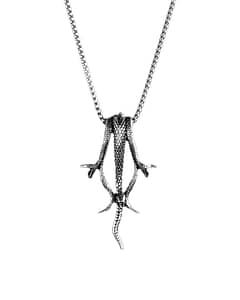 A pendant with a snake with three heads hanging in a thin stainless steel chain on a white background