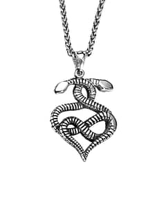 Backside of A pendant with two snakes entwined in a heart shape. Hanging in a stainless steel chain on a white background.