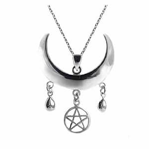 moon shaped necklace with a pentagram in sterling silver