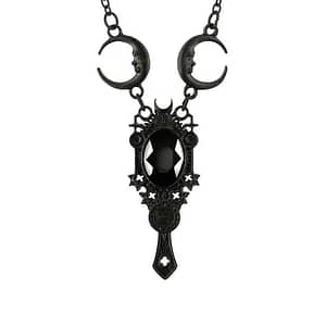 Pitch black necklace with an oval stone in the middle, surrounded by a frame with pagan symbols and crescent moons.