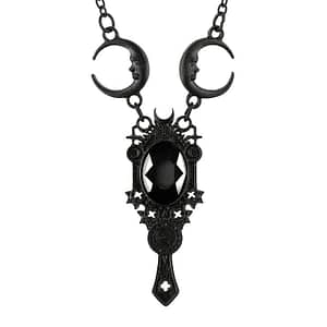 Pitch black necklace with an oval stone in the middle, surrounded by a frame with pagan symbols and crescent moons.