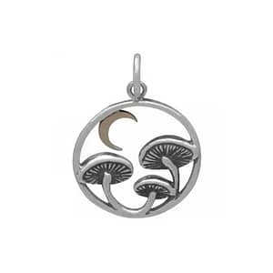 Close-up view of recycled sterling silver necklace with intricate details and oxidised finish, the neckless is 3 mushrooms under a crescent moon, all enframed in a circle, all-white background