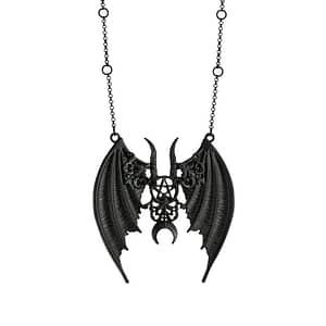 Gothic black necklace with batwings and witchy symbols.