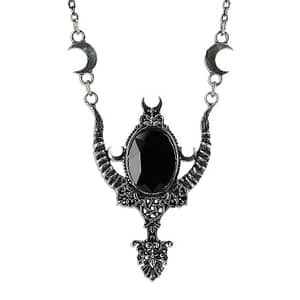 Gothic necklace with a black stone, pentagram symbol, crescent moons and floral ornaments.