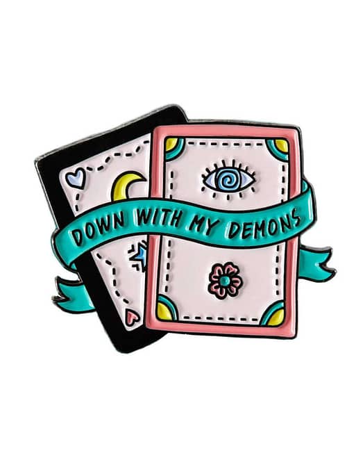 Down with my demons card shaped pastell coloured enamel pin by punky pins.