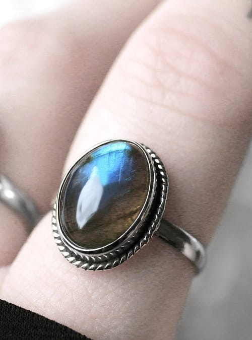 Turquoise, green brown labradorite stone ring in sterling silver.