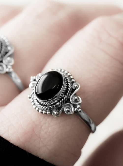 Aditi sterling silver ring with an onyx crystal stone.