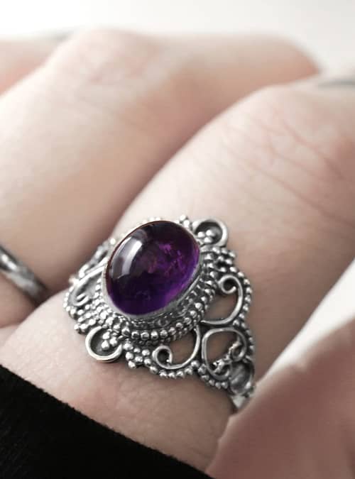 Bohemian purple amethyst crystal silver ring