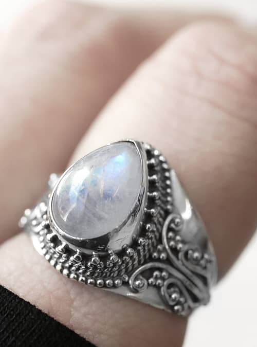 Nakti silver moonstone crystal ring.