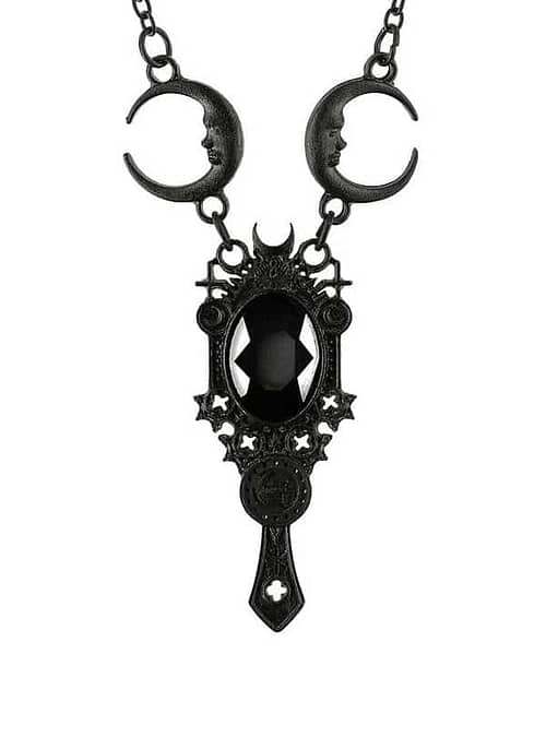Pitch black necklace with an oval stone in the middle, surrounded by a frame with pagan symbols and crescent moons.