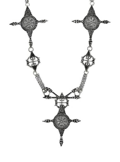 Silver coloured Vegvisir necklace.