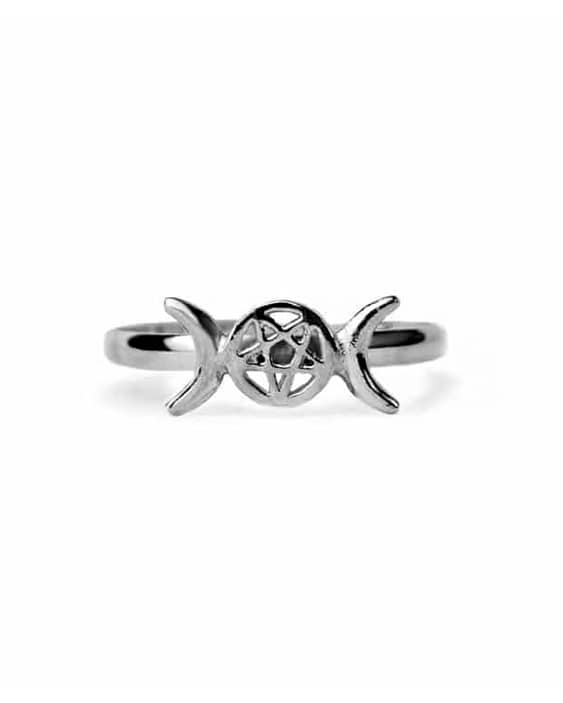 Triple Moon Pentagram Silver Ring