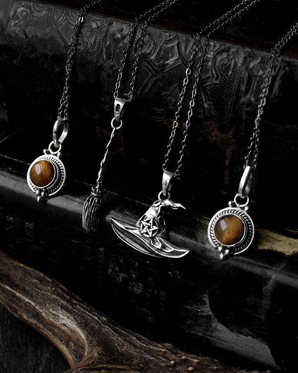 riya-tiger-eye-broom-witches-hat-silver-necklaces-hellaholics
