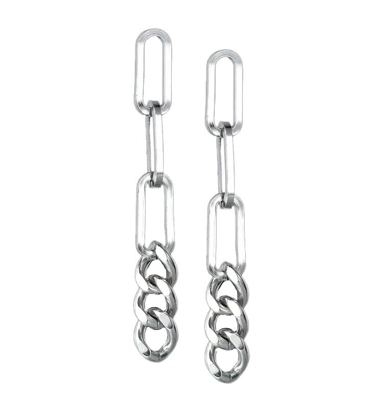 Large chain earrings in stacinless steel on white background