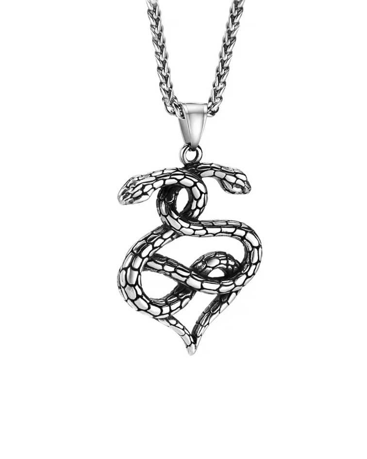 A pendant with two snakes entwined in a heart shape. Hanging in a stainless steel chain on a white background.