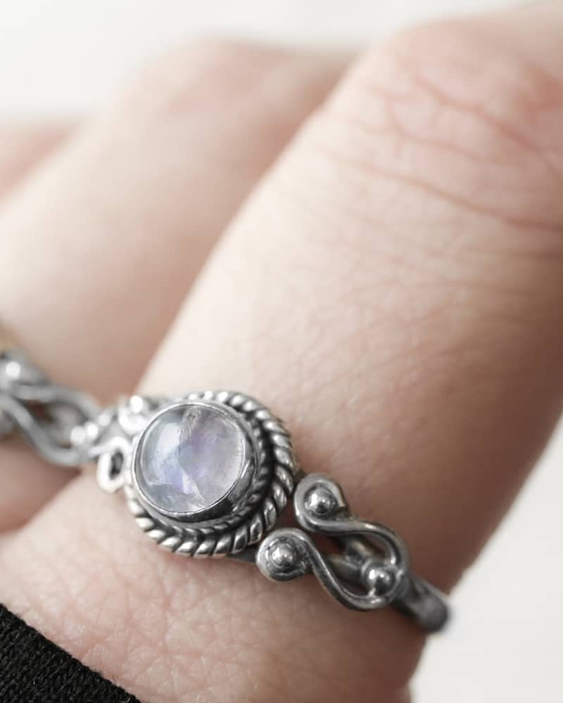 amaya stackable silver moonstone ring on finger