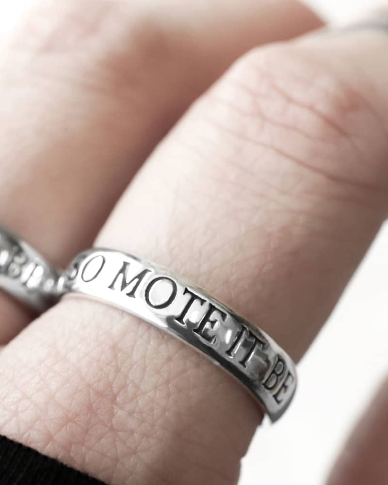 engraved ring with the text "so mote it be" in sterling silver.