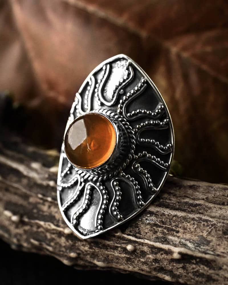 Amber Shield Viking Ring - large amber silver ring with intricate patterns in sterling silver