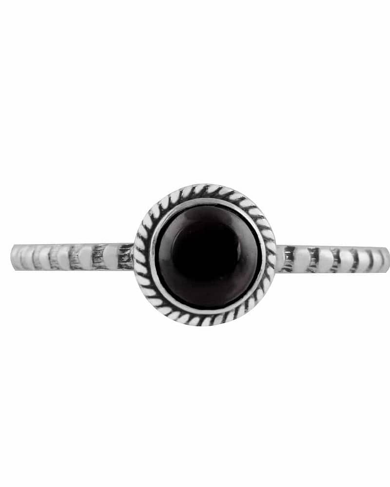 Round petite black Onyx Stacking Ring in lightweight sterling silver on white background front view