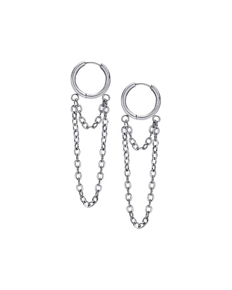 Hoop earrings with dangling chains in stainless steel on white background
