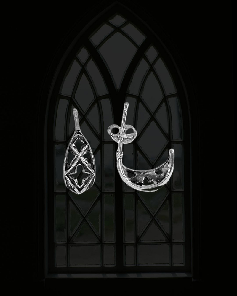 Modern Gothic Architecture, Marquise Earrings in sterling silver on a black background.