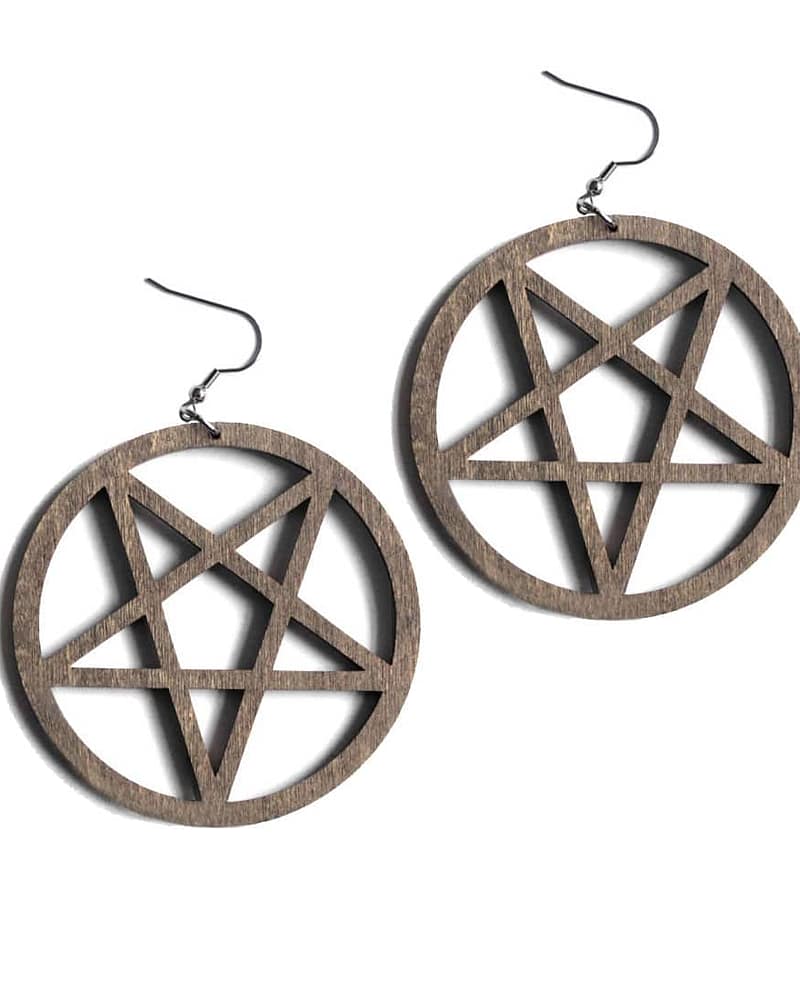 Brown Wooden Pentagram Earrings