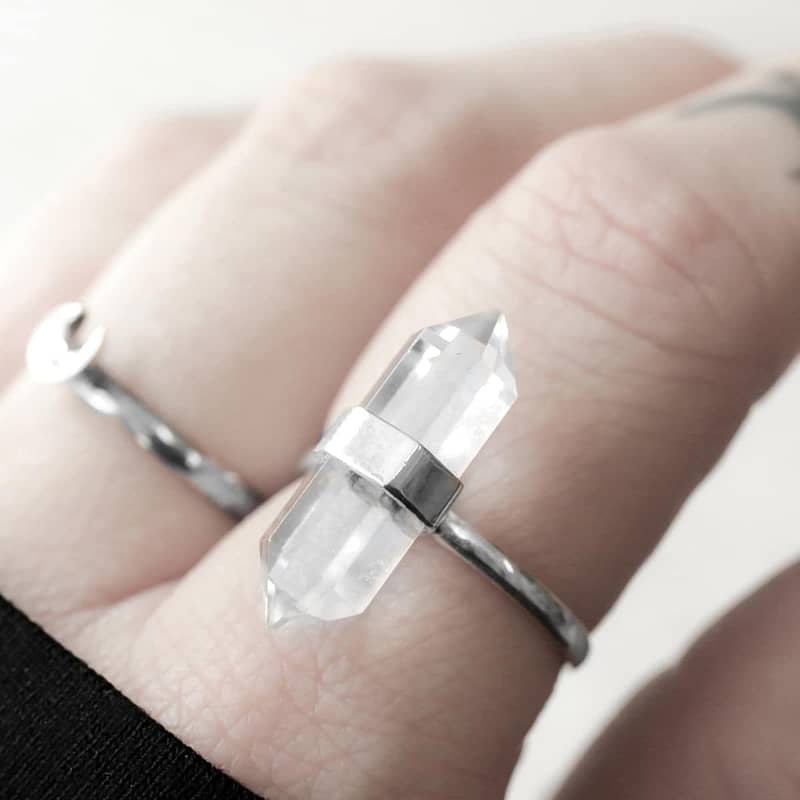 large clear crystal quartz ring in sterling silver