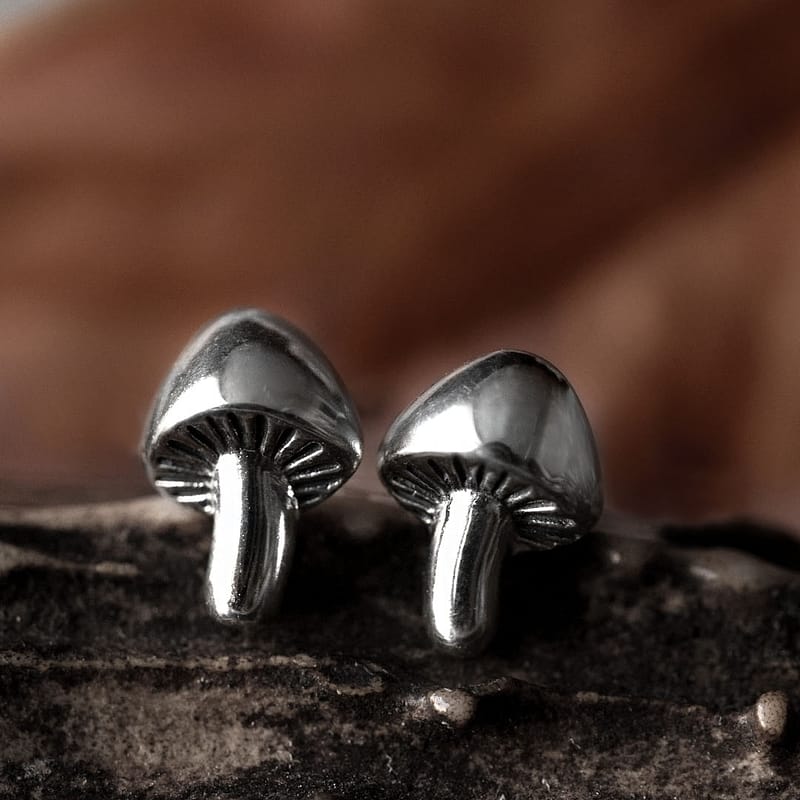 Recycled silver lightweigt mushroom earrings, butterfly back, dark autumn themed background