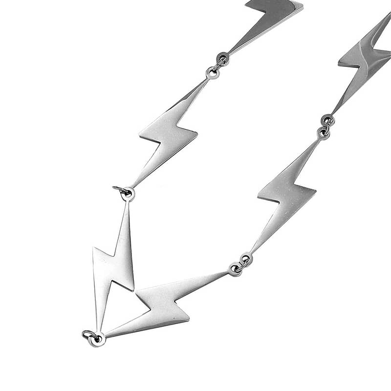 Bolt Lightning Necklace in stainless steel with 6 lightning pendants. Steel grey colour. White background.