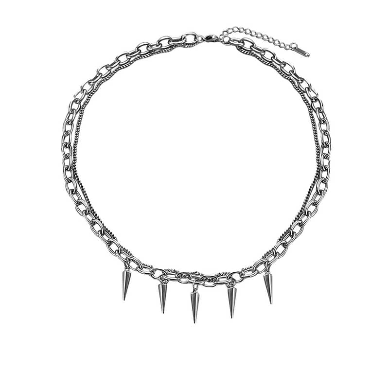 double chain short necklace with spikes in stainless steel on white background