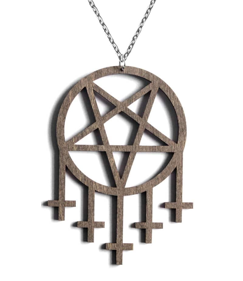 Cross Pentagram Brown Wooden Necklace