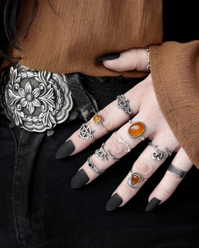 pagan-pentagram-duo-serpent-mushroom-gaia-thyra-elara-amber-silver-rings-mix-2-hellaholics