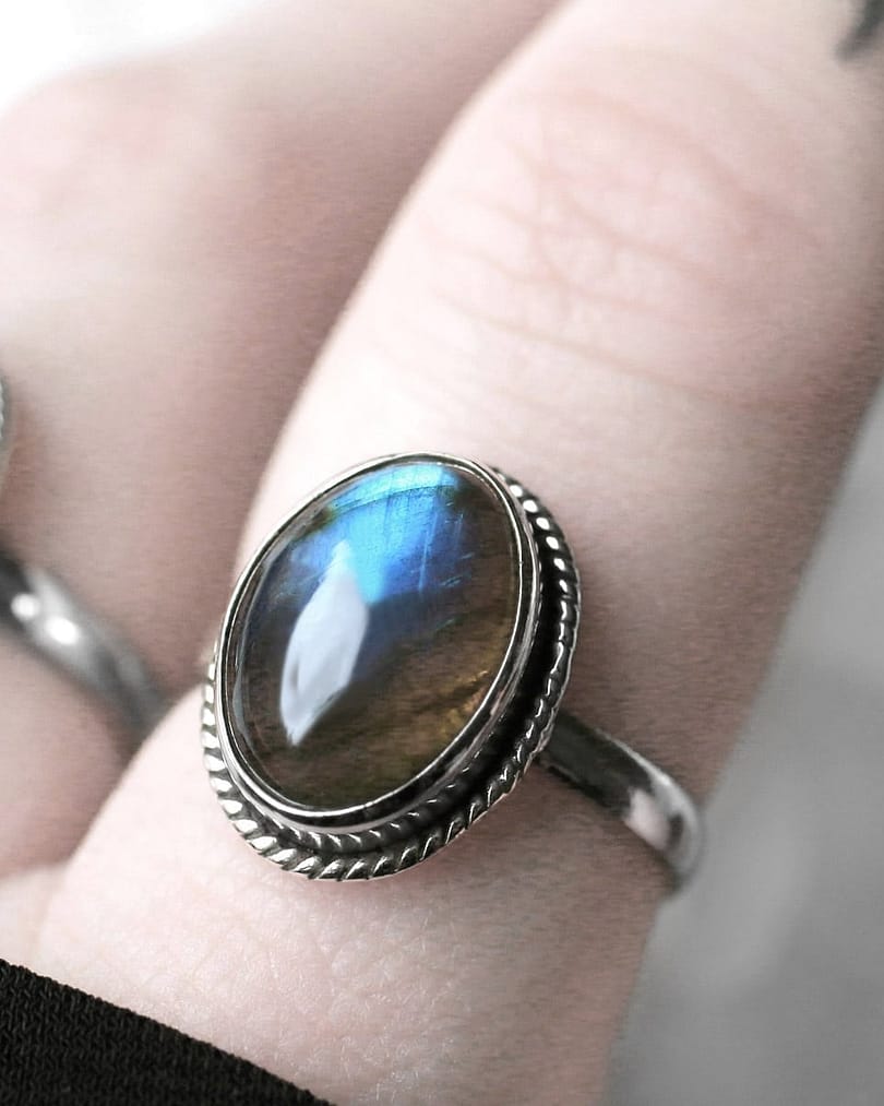 Turquoise, green brown sterling silver labradorite ring