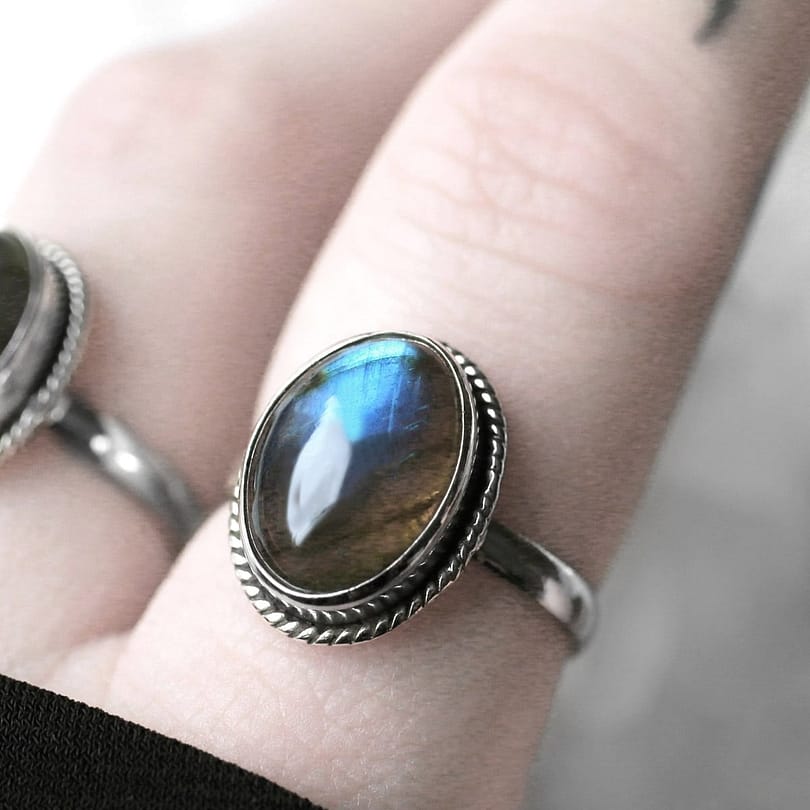 Turquoise, green brown sterling silver labradorite ring