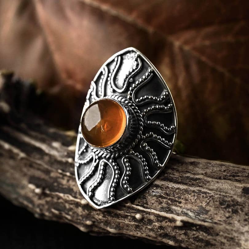 Amber Shield Viking Ring - large amber silver ring with intricate patterns in sterling silver