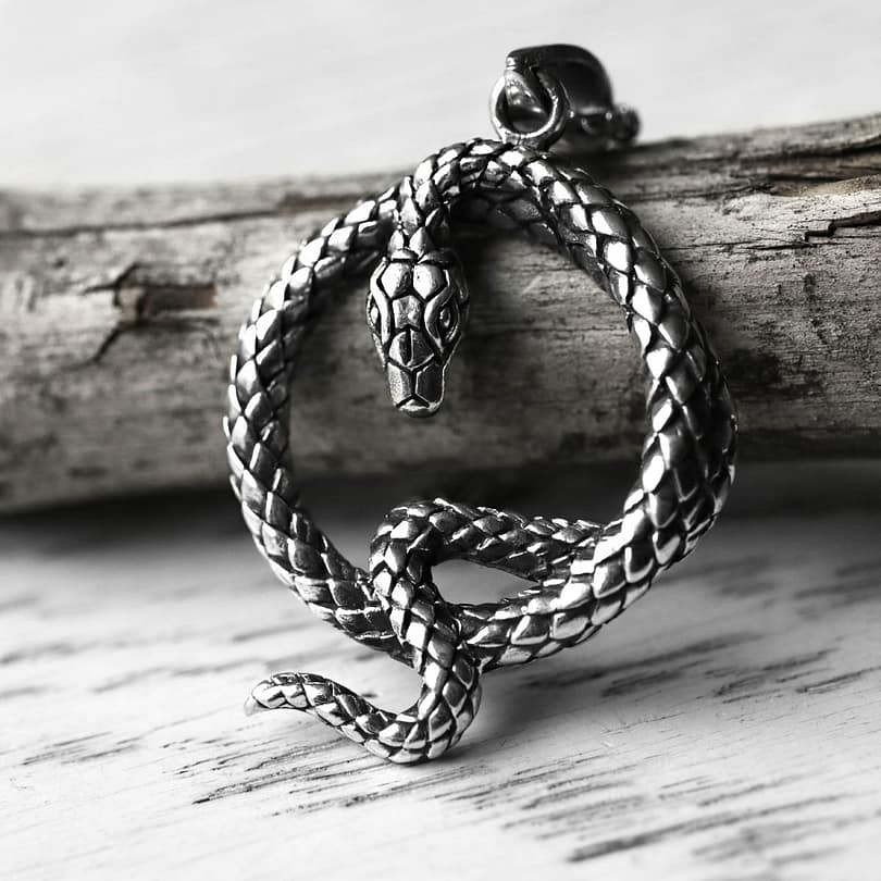 The Queens Serpent Silver Snake Necklace, Close up image on brown branch -- light background